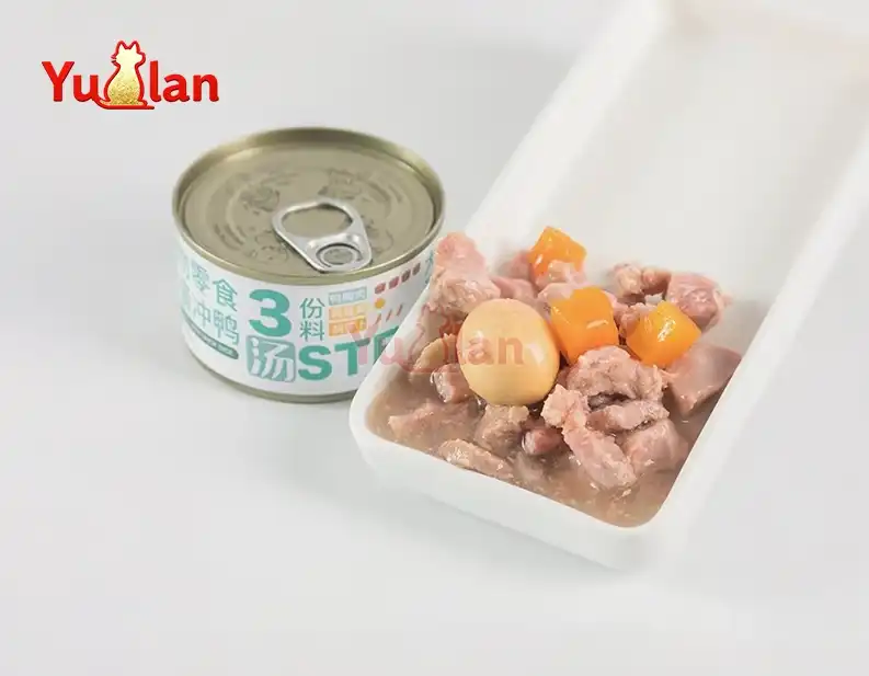 Diced duck with egg pet food